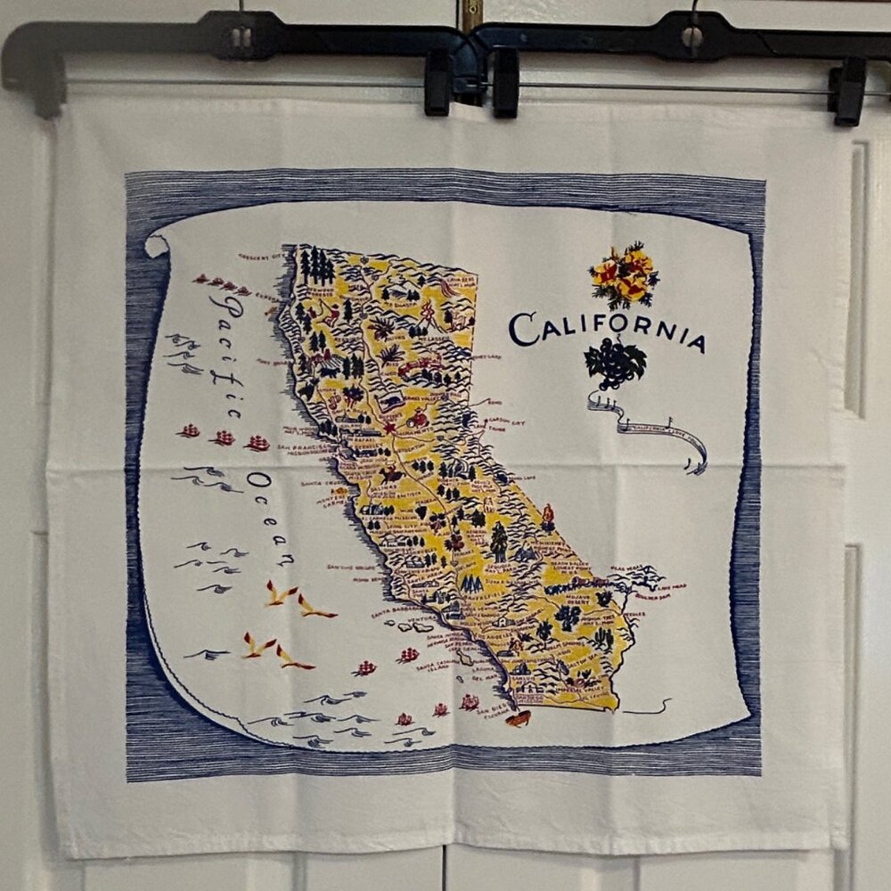 Retro California State Landmarks Map Souvenir Large Cotton Kitchen Tea Towel